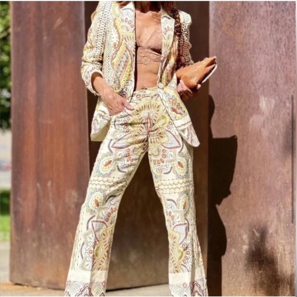 LIKE NEW ZARA PAISLEY PRINTED LINEN COTTON BLEND BLAZER (S) & MATCHING PANTS (M) - Picture 3 of 15